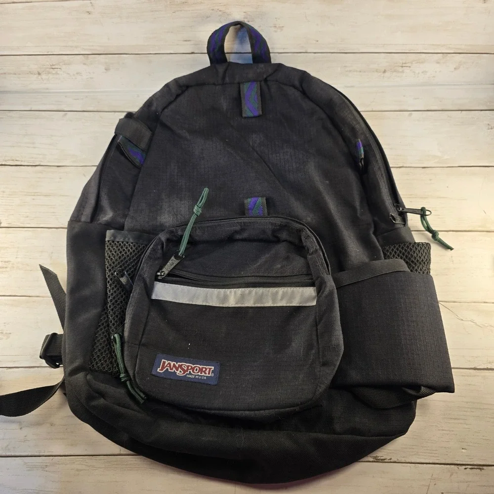 Vintage JanSport Black Ripstop Backpack Made in USA 1994 Reflective 90s Daypack